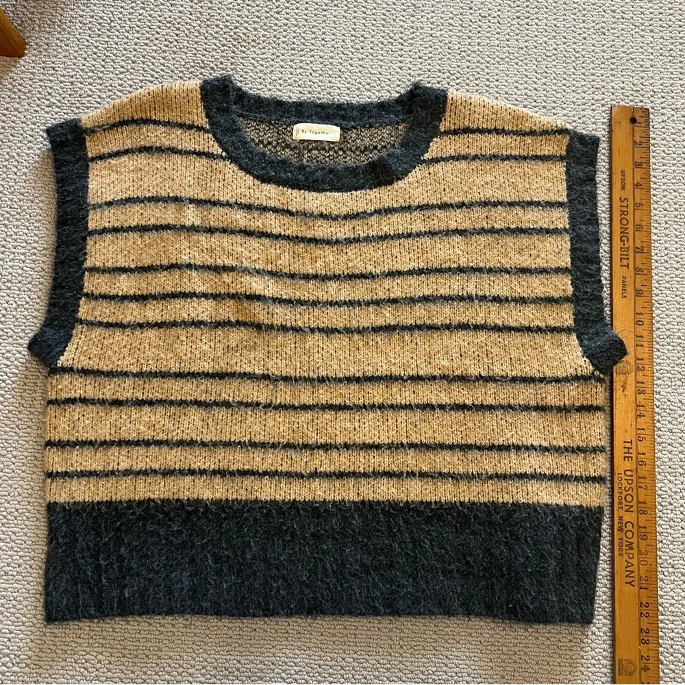 By Together Black and Tan Striped Short-Sleeve Sweater - Large